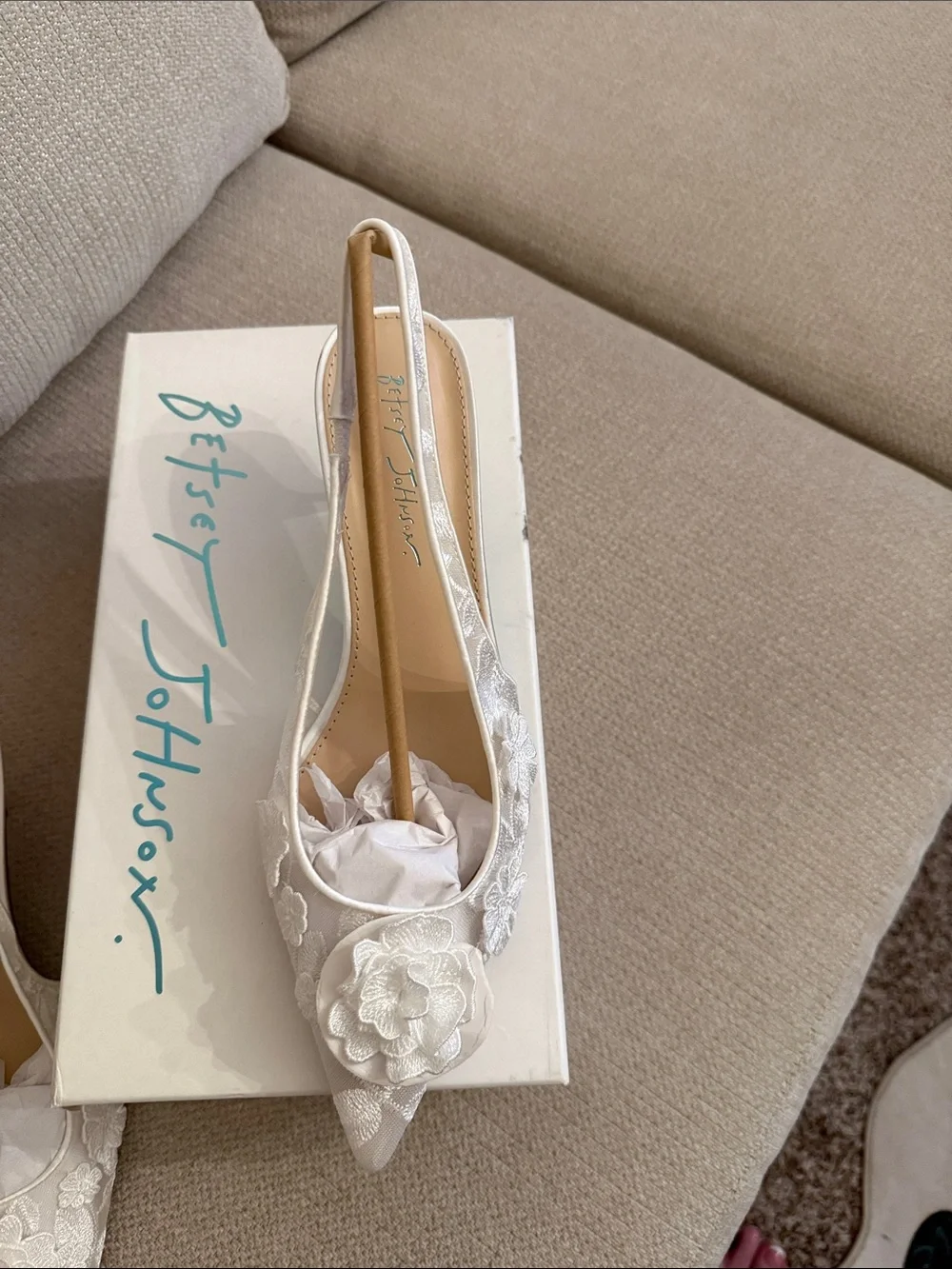 Wedding Ivory Floral Embellished Slingback Pumps - Something Blue. Betsy Johnson